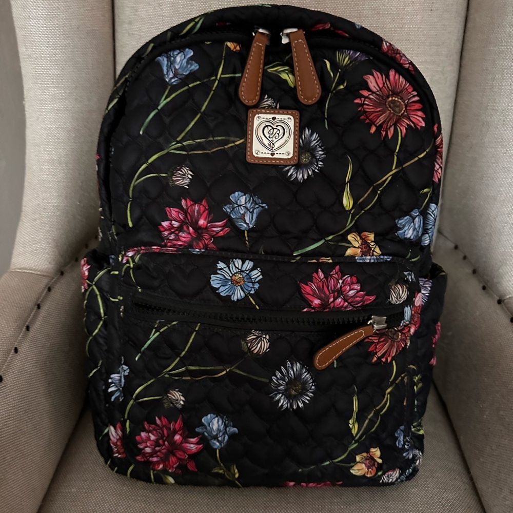 Brighton Black Quilted Floral Backpack with Pink, Blue and Yellow Flowers